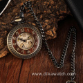 Vintage Wood Circle Carved Number Dial Mechanical Pocket Watch Men Unique Hollow Steampunk Bronze Mechanical Clock Watch chain